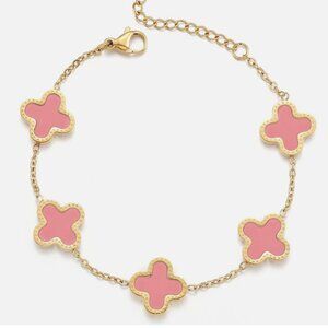 Gold and Pink Small Stainless Steel Four Leaf Clover Bracelet